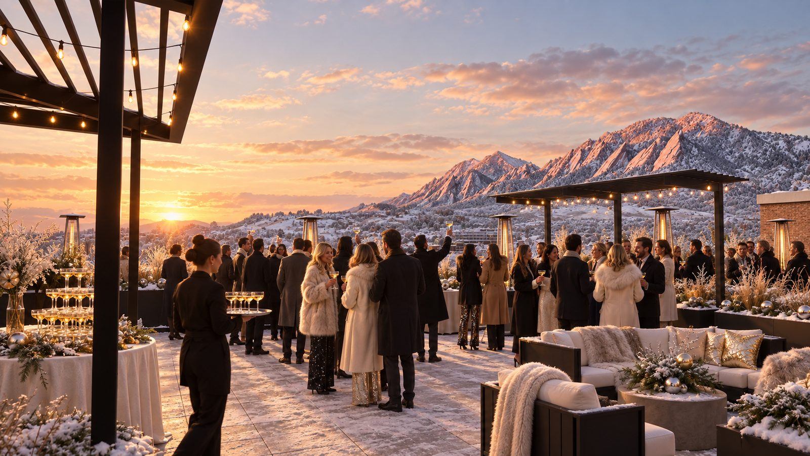 The VUE/boulder rooftop at sunset with the Flatirons and the Front Range